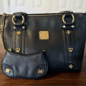 MCM Black Leather Munchen studded satchel